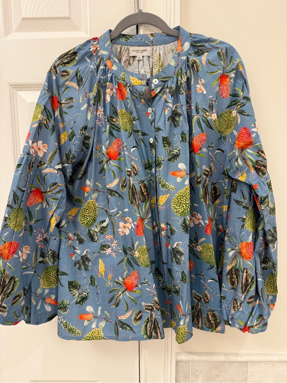 Olivia James Blue Botanical-Print Button Front Blouse